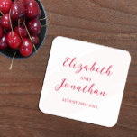 Cherry Red Wedding Underlägg Papper Kvadrat<br><div class="desc">Add a bold pop of color to your celebration with this cherry red wedding collection. Modern romantic typography with pink brushstroke accent</div>