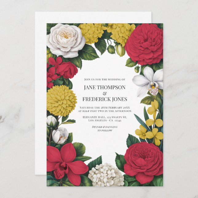 Cherry Red, White & Gold Floral Wedding Inbjudningar (Fram/baksida)