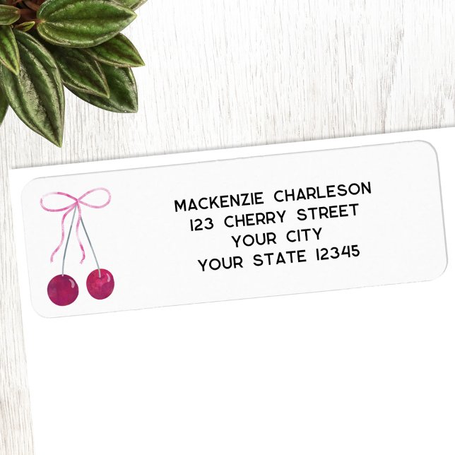 Cherry Ribbon Bow Watercolor Returadress Returadress Etikett (Cherry with ribbon and bow watercolor return address label)