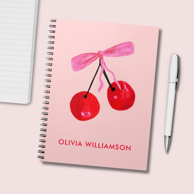 Cherry & Rosa Bow Anteckningsbok (Cherry and pink bow personalized notebook)