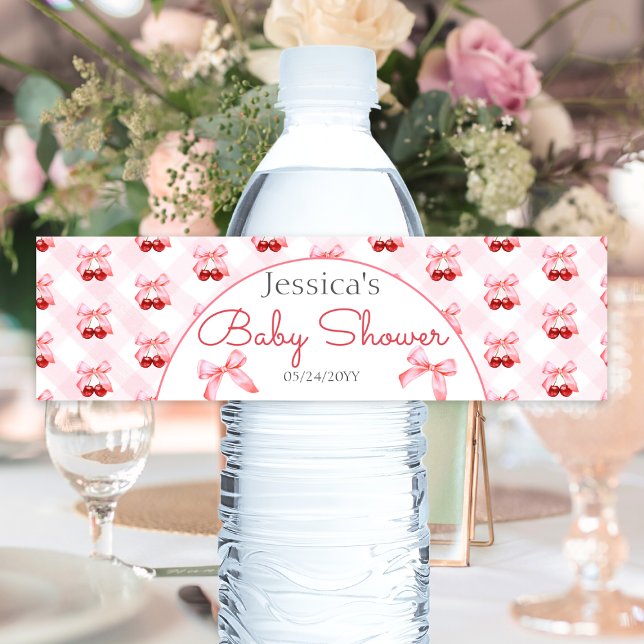 Cherry Rosa Bow Girl Baby Shower Vattenflaskor Etikett (Skapare uppladdad)