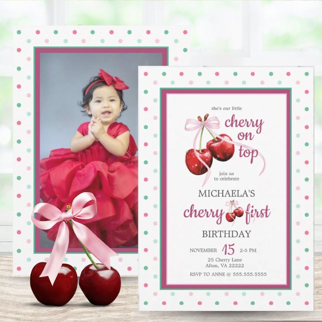 Cherry Rosa Coquette Bow Foto 1 födelsedagsfoto Inbjudningar (Cherry First Birthday Polka Dot Photo Invitation)