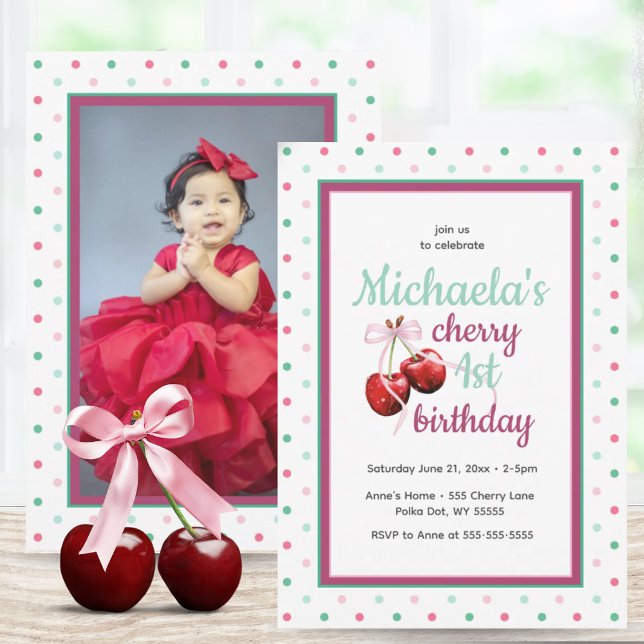 Cherry Rosa Coquette Bow Foto 1 födelsedagsfoto Inbjudningar (Cherry First Birthday Polka Dot Photo Invitation)