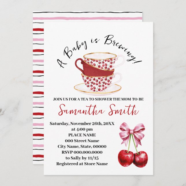 Cherry Rosa Coquette Tea Baby Shower Julkort (Fram/baksida)