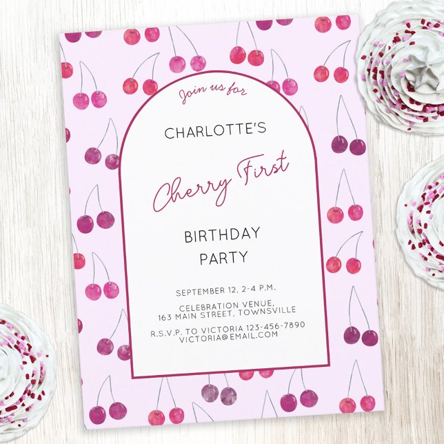 Cherry Rosa First Födelsedagsfest inbjudan (Pink watercolor cherries Cherry First birthday party invitation with custom text)