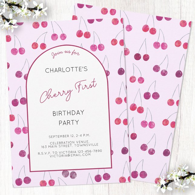 Cherry Rosa First Födelsedagsfest inbjudan (Watercolor cherry first birthday party invitation with custom text)