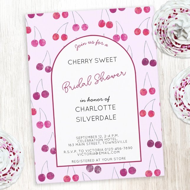 Cherry Rosa Inbjudningskort för möhippan (Cherry sweet pink watercolor cherries personalized custom text bridal shower invitation postcard)