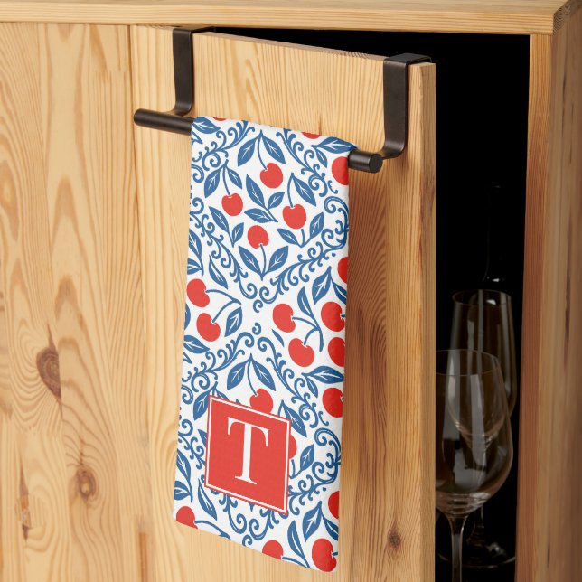 Cherry Rustic Farmhouse French Country Monogram Kökshandduk (Thirds Fold)