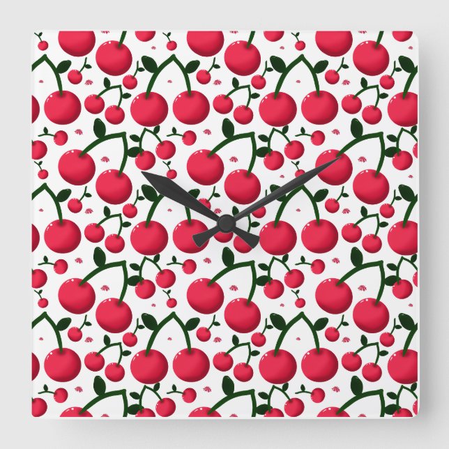 Cherry Seamless Pattern, Red Fruit Pattern, Cute C Fyrkantig Klocka (Framsida)