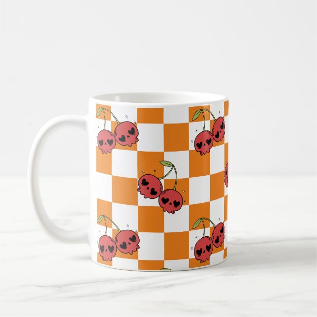 Cherry Skull Checkerboard - Cute Goth Stil Kaffemugg (Vänster)