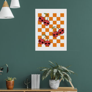 Cherry Skull Checkerboard - Punk Wall Art Poster