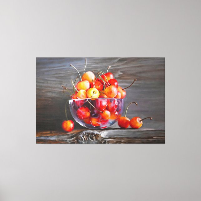 Cherry Still Life in Glass Stretched Canvas Print (Framsida)