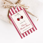 Cherry Stripe Tack Presentetikett<br><div class="desc">Hon är körsbäret på toppen! Gratulera till de kommande nuptialerna av din favoritbrud som ska vara i stil med våra vintage inspirerade märkre för möhippor! Den här designen har vackra körsbär med vattenfärg,  med vit bog på en strimlad bakgrund.</div>