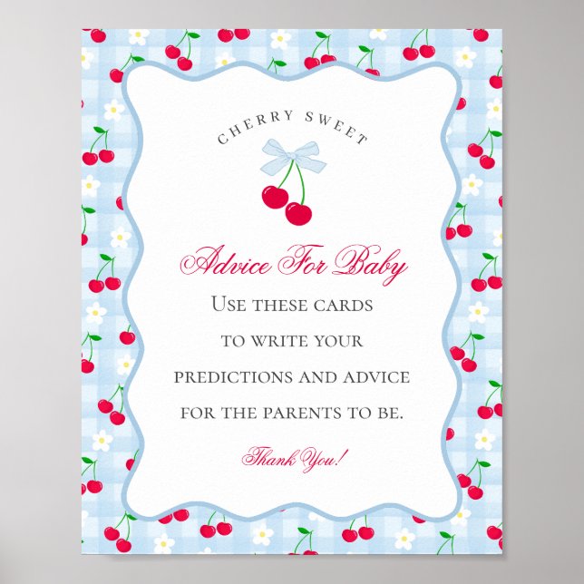 Cherry Sweet Blue Coquette Bow Advice för Baby Poster (Framsidan)