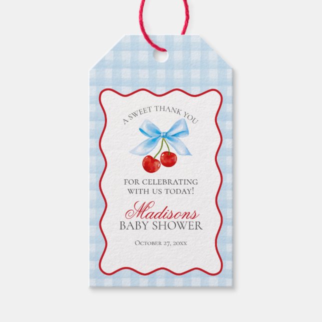 Cherry Sweet Blue Coquette Bow Baby Shower Favor Presentetikett (Framsidan)