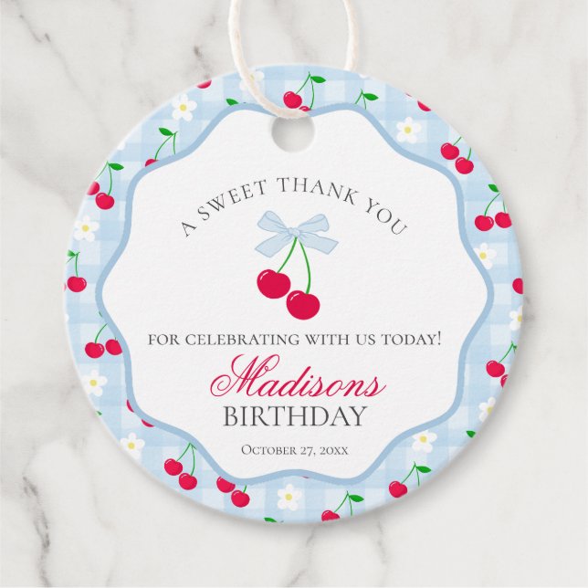 Cherry Sweet Blue Coquette Bow Birthday Circle Gåvor Etiketter (Framsida)