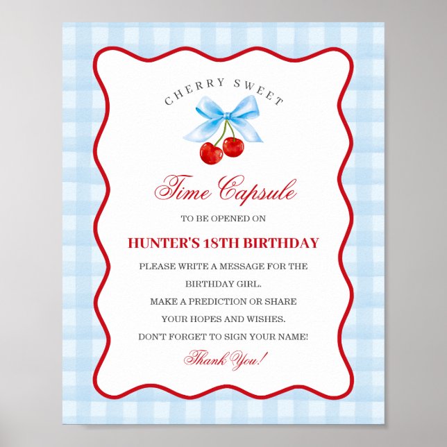 Cherry Sweet Blue Coquette Bow Gingha Time Capsule Poster (Framsidan)
