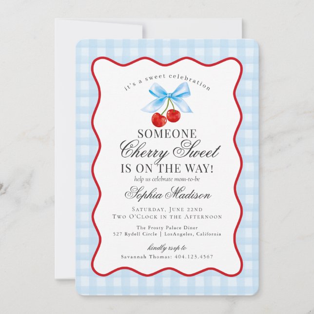Cherry Sweet Blue Coquette Bow Gingham Baby Shower Inbjudningar (Framsida)