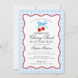 Cherry Sweet Blue Coquette Bow Gingham Baby Shower Inbjudningar