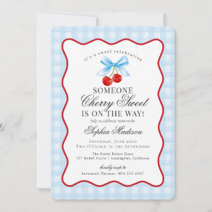 Cherry Sweet Blue Coquette Bow Gingham Baby Shower Inbjudningar