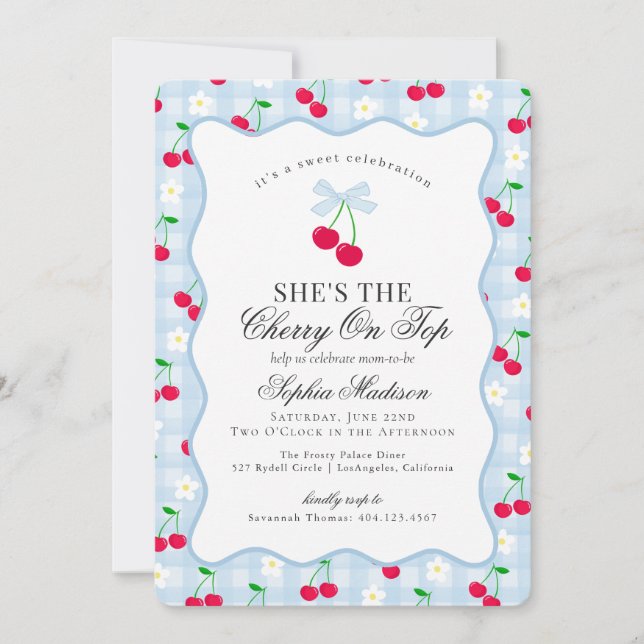Cherry Sweet Blue Coquette Bow Gingham Baby Shower Inbjudningar (Framsida)