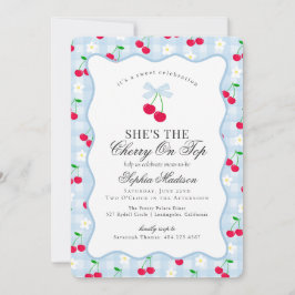 Cherry Sweet Blue Coquette Bow Gingham Baby Shower Inbjudningar