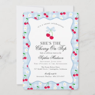 Cherry Sweet Blue Coquette Bow Gingham Baby Shower Inbjudningar