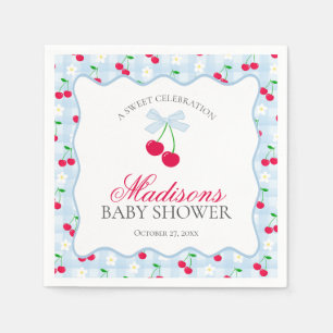 Cherry Sweet Blue Coquette Bow Gingham Baby Shower Pappersservett