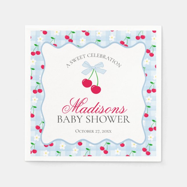 Cherry Sweet Blue Coquette Bow Gingham Baby Shower Pappersservett (Framsidan)