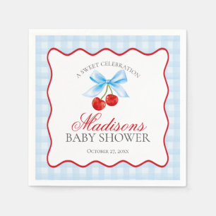 Cherry Sweet Blue Coquette Bow Gingham Baby Shower Pappersservett