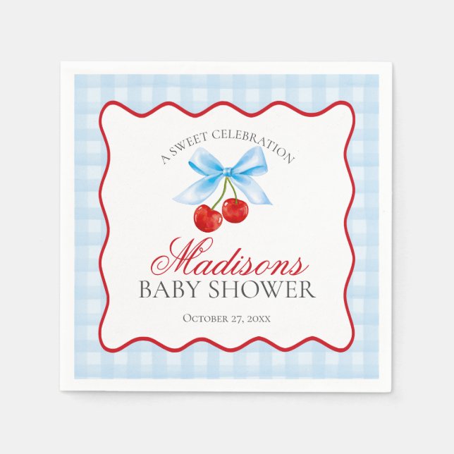 Cherry Sweet Blue Coquette Bow Gingham Baby Shower Pappersservett (Framsidan)