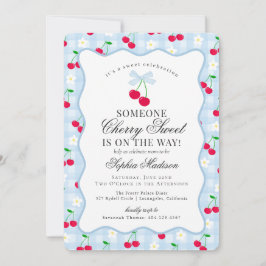 Cherry Sweet Blue Coquette Bow Gingham Babyfirande Inbjudningar