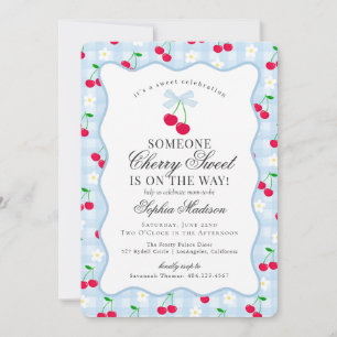 Cherry Sweet Blue Coquette Bow Gingham Babyfirande Inbjudningar