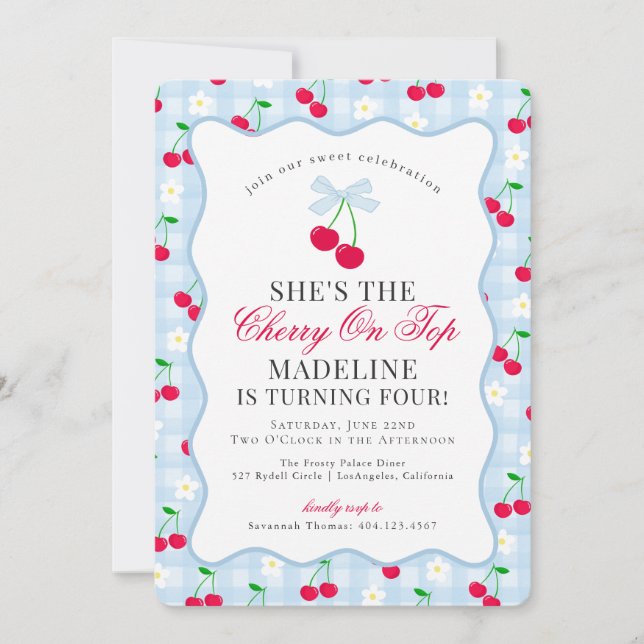 Cherry Sweet Blue Coquette Bow Gingham Birthday Inbjudningar (Framsida)