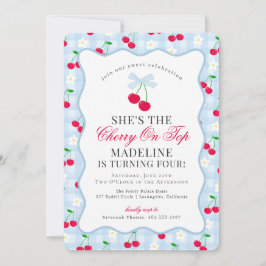 Cherry Sweet Blue Coquette Bow Gingham Birthday Inbjudningar