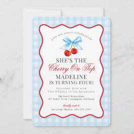 Cherry Sweet Blue Coquette Bow Gingham Birthday Inbjudningar