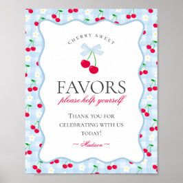 Cherry Sweet Blue Coquette Bow Gingham Favors-teck Poster