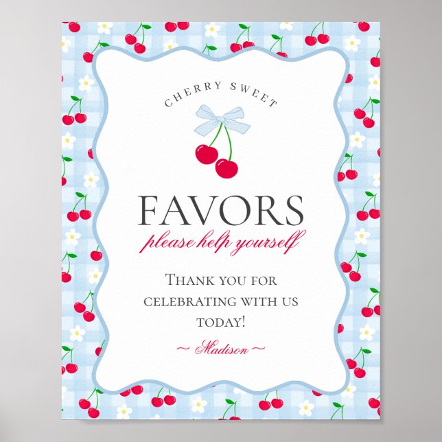 Cherry Sweet Blue Coquette Bow Gingham Favors-teck Poster (Framsidan)