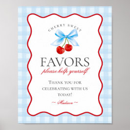 Cherry Sweet Blue Coquette Bow Gingham Favors-teck Poster