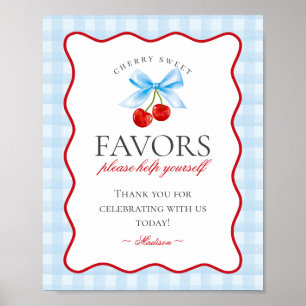 Cherry Sweet Blue Coquette Bow Gingham Favors-teck Poster