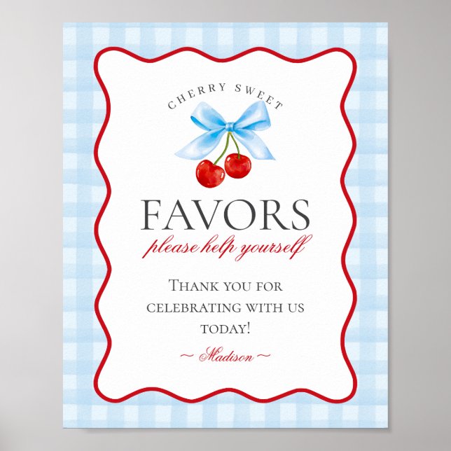 Cherry Sweet Blue Coquette Bow Gingham Favors-teck Poster (Framsidan)