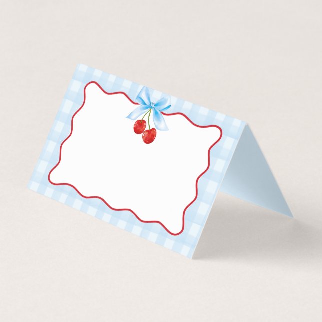 Cherry Sweet Blue Coquette Bow Gingham Place Card Kort (Framsida)