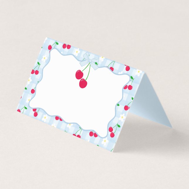 Cherry Sweet Blue Coquette Bow Gingham Place Card Kort (Framsida)