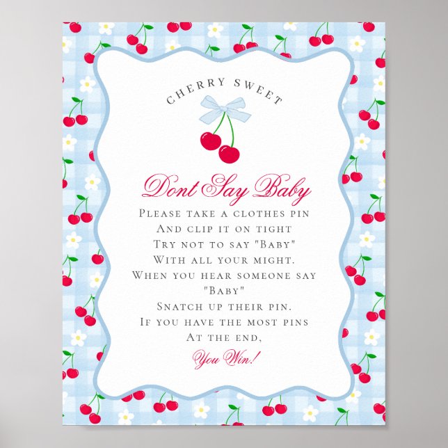 Cherry Sweet Blue Coquette Bow säger inte Baby Poster (Framsidan)