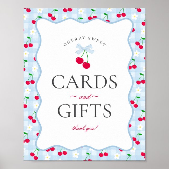 Cherry Sweet Blue Coquette Gingham Cards & Gifts Poster (Framsidan)