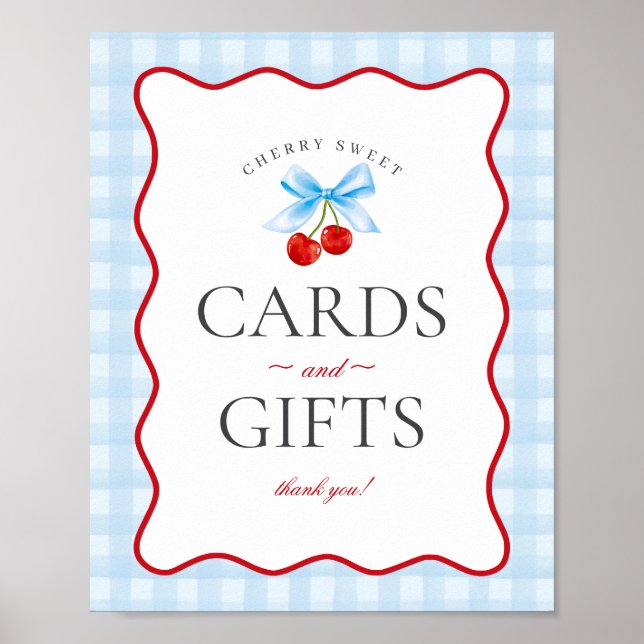 Cherry Sweet Blue Coquette Gingham Cards & Gifts Poster (Framsidan)