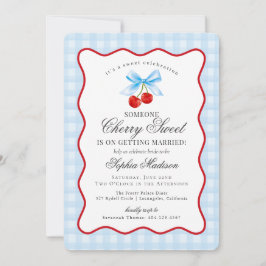 Cherry Sweet Blue Coquette Gingham Möhippa Inbjudningar