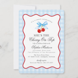Cherry Sweet Blue Coquette Gingham Möhippa Inbjudningar
