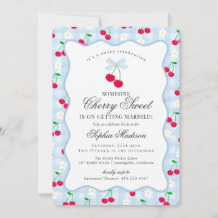 Cherry Sweet Blue Coquette Gingham Möhippa Inbjudningar