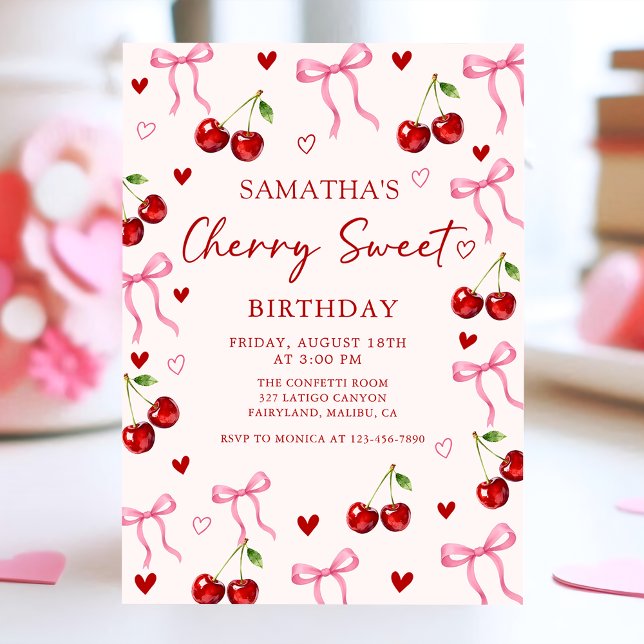 Cherry Sweet Bow Födelsedagsinbjudan Inbjudningar (Skapare uppladdad)